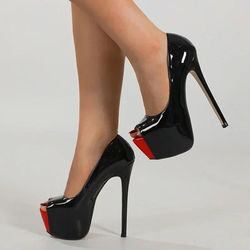 Móda Vysoká Kvalita Sexy Peep Toe 16CM Extrémně Vysoké Podpatky Dámské Červené Černé Lakovaná Kůže Párty Banket Stiletto Boty Platformové Lodičky