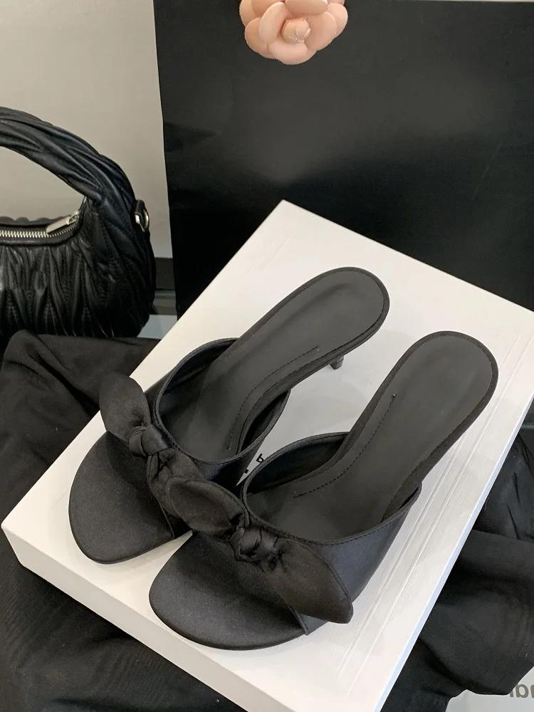 Fashion Luxury Satin Butterfly-knot Women Slippers Sexy Peep Toe Thin Heels Sandals Summer Comfort Slide Sandals Elegant Designer Shoes