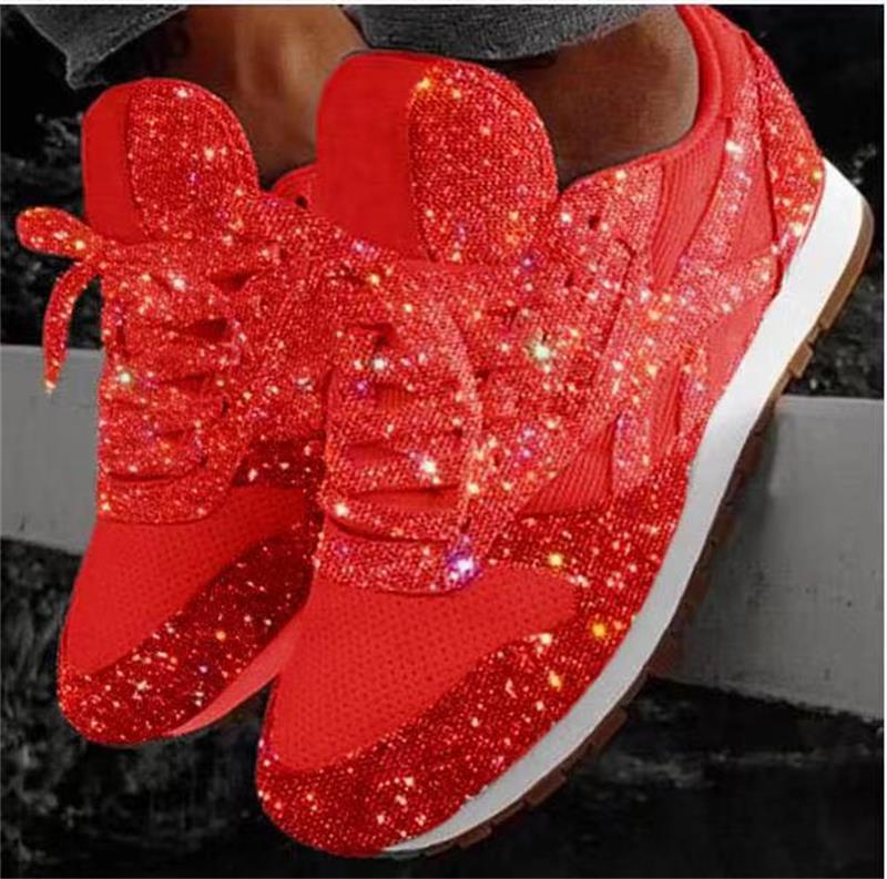 Women Casual Glitter Shoes Mesh Flat Shoes Ladies Sequin Vulcanized Shoes Lace Up Sneakers Outdoor Sport Running Shoes