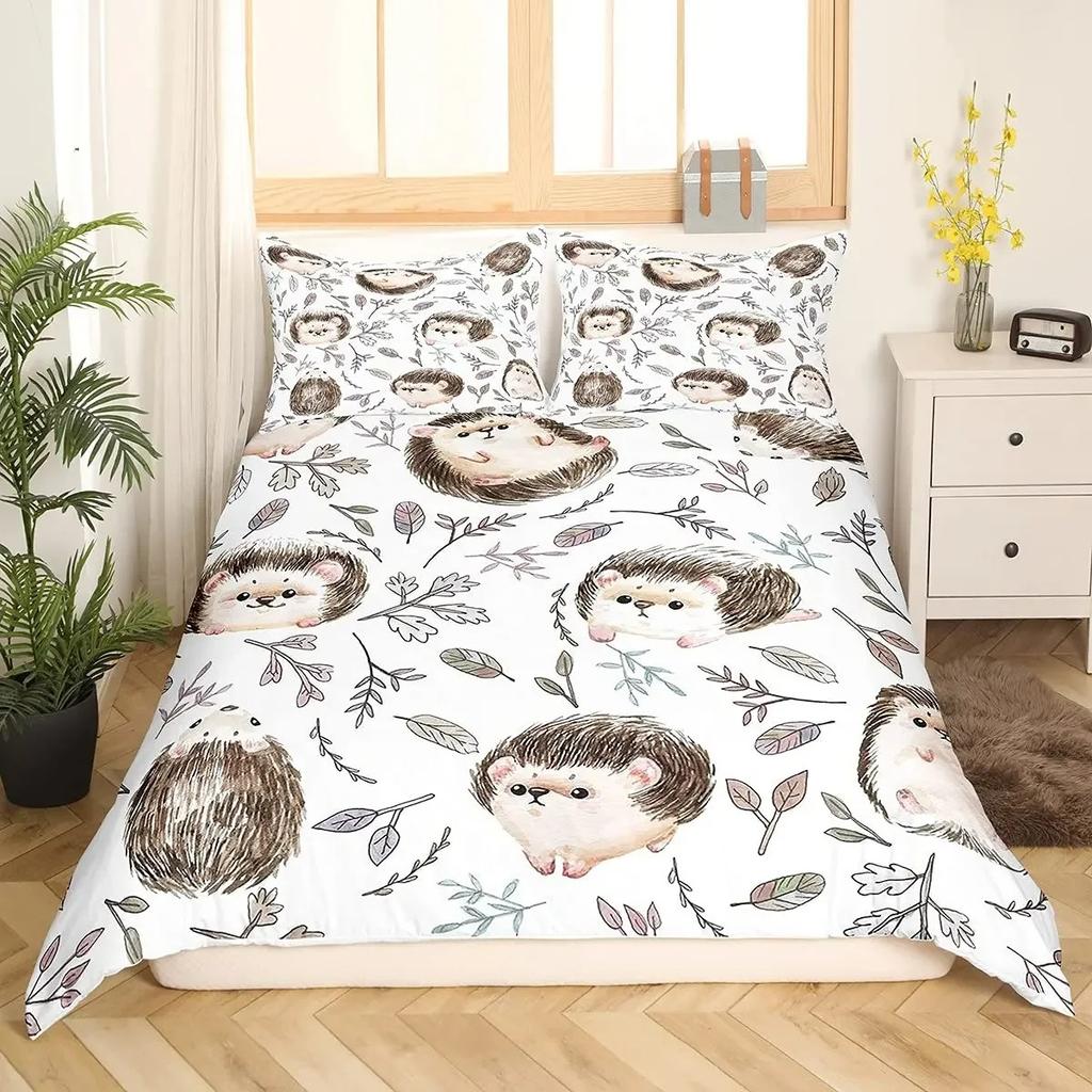Hedgehog Duvet Cover Mushroom For Boys Teens Cute Cartoon Wild Animal Pinecone Tree Leaf Quilt Cover Autumn Leaves Room Decor