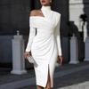 Women’s Asymmetric One Shoulder Long Sleeve Bodycon Midi Dress with High Neck and Front Slit for Formal Occasions