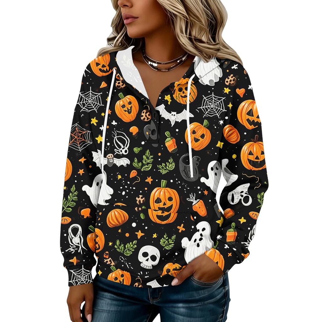 Women's Fashion Hooded Button Front Halloween Print Sweatshirt