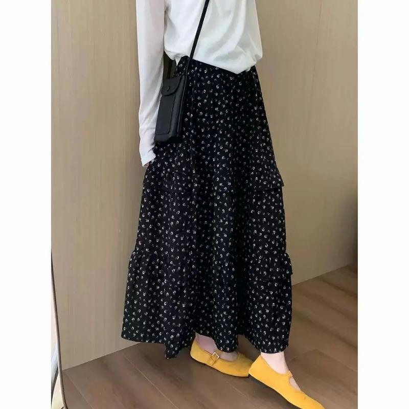 Black Retro Floral Skirt Women Autumn New High-waisted A-line Umbrella Pear-shaped Body Cake Long Skirt