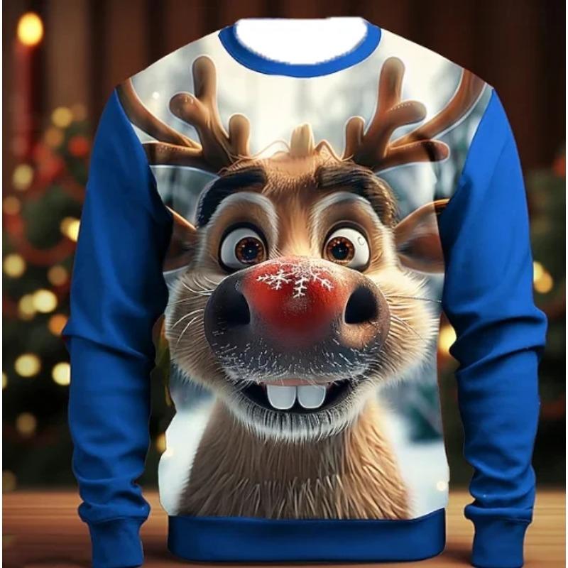 Otoño e Invierno Navidad Hombres Impresión 3D Dibujos Animados Reno de Navidad Sudadera con Cuello Redondo 3D Divertido Navidad Impresa en 3D Manga Larga