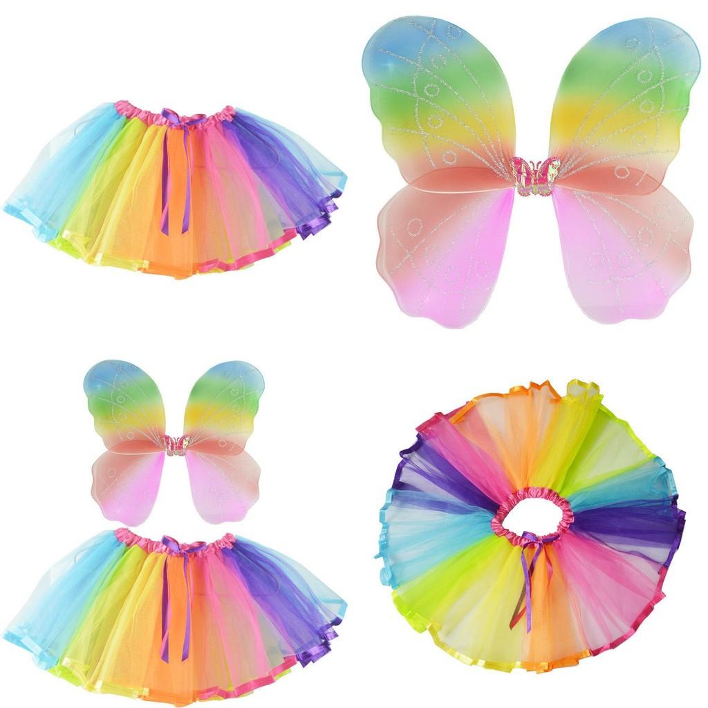 Halloween Dancewear With Rainbow Net Skirt And Single Layer Wings For Kids Party