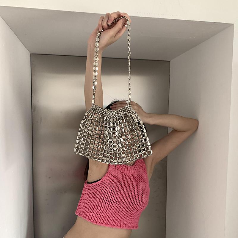 Yogodlns Women Summer Woven Hand Bag Luxury Design Hollow-out Silver Hand Woven Single Shoulder Underarm Bag