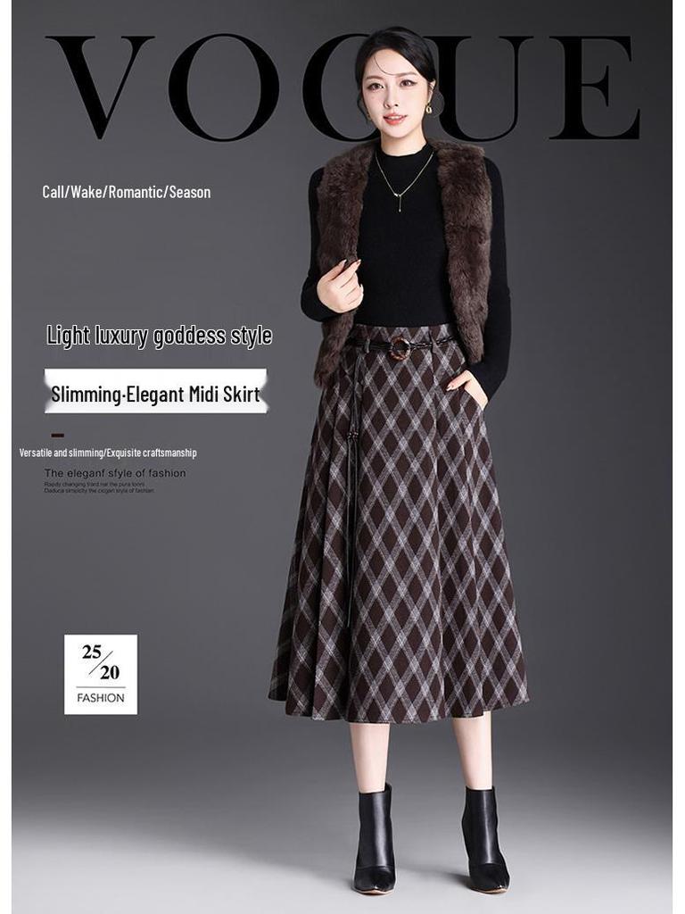 Spring 2026 Grid Pleated High-Waist A-line Midi Skirt - New Arrival, Perfect for Draped Commute Fashion
