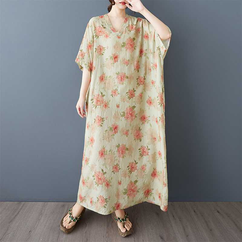 Summer Vacation Style V-neck Retro Cotton and Linen Dress