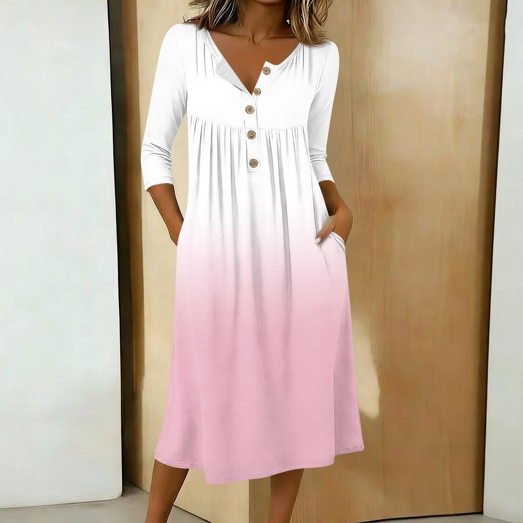 Women's Fashionable Color Printed Round Neck 3/4 Sleeve Button Collar Mid Length Casual Dress