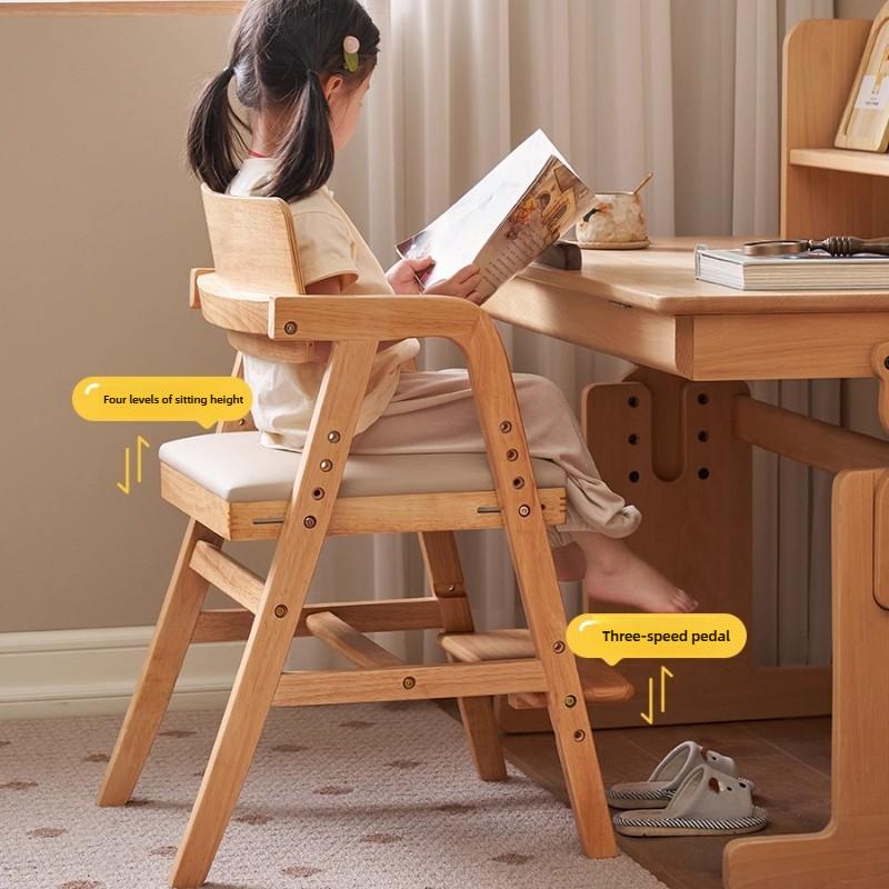 Adjustable Kids Study Chair, Solid Wood Baby High Chair with Soft Backrest, Anti-Tip Dining Stool with Footrest, Ergonomic Seat