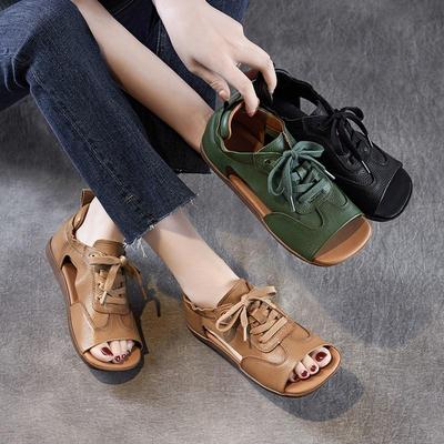 Echtleder Peep-Toe Sandalen Retro Flachboden Schnürschuhe Weichsohlige Damenschuhe