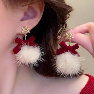 Cute Pompom Ball Bowknot Snowflake Plush Earrings Christmas Sweet  Jewelry For Women Girls  Year Gifts