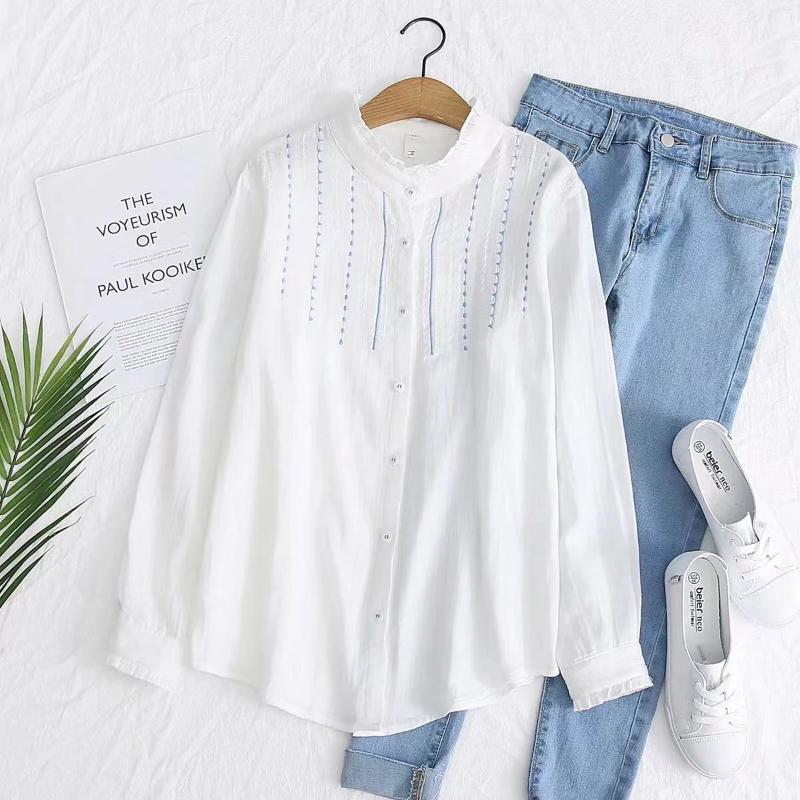Embroidery Art Jacquard Cotton Long Sleeve Shirts Women Autumn New Lace White Blouse Ladies Loose Casual Blouses and Tops