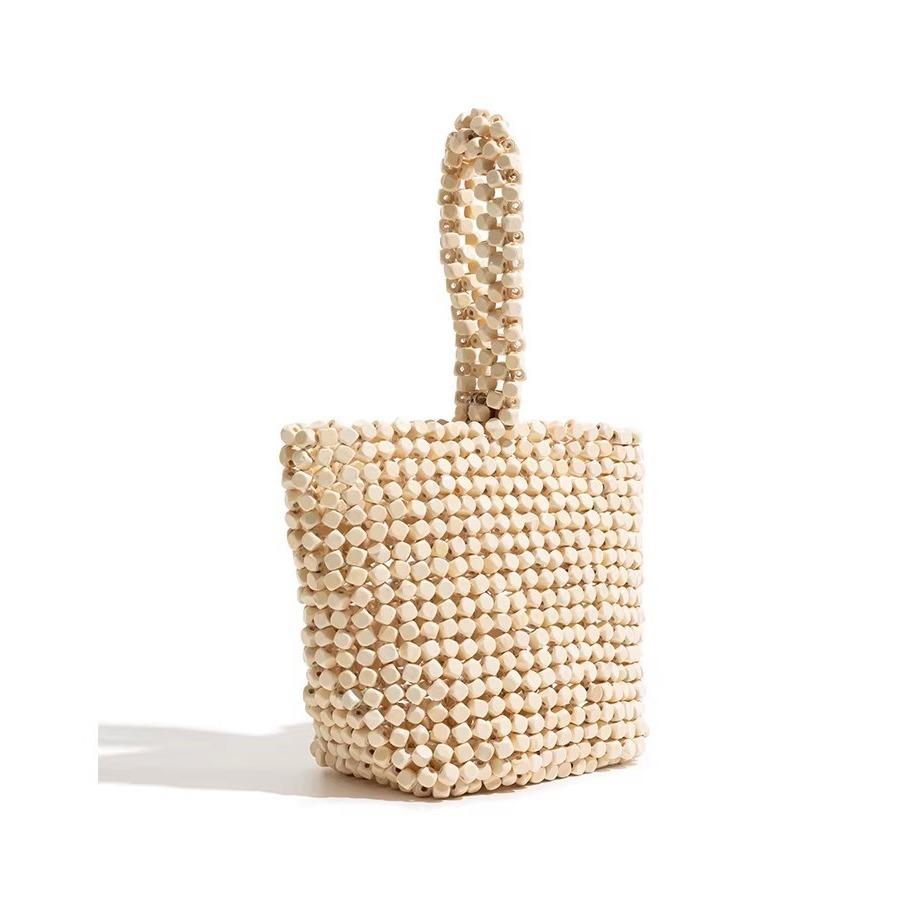 Vintage Niche Wooden Beaded Bucket Bag 2026 New Handwoven Handbag Summer Vacation Beach Bag