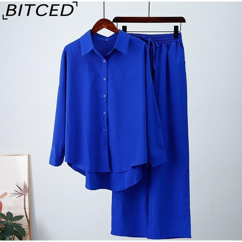 BITCED Fashionable Autumn/Winter Loose-Fit Stretch Creased Long-Sleeved Shirt and Wide-Leg Trousers Casual Set for Women, 2-Piece