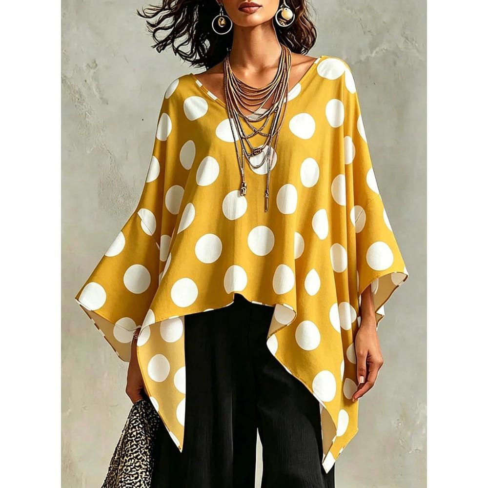Women's V Neck Three Quarter Sleeve Blouse Loose Fit Boho Style Polka Dot Print Irregular Hem Casual Top For Summer Daily Wear