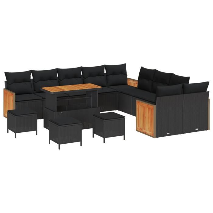 Ensemble de canapé de jardin de 14 pièces avec coussins noir en rotin synthétique, Ensemble de salle à manger de jardin de 4 3365319