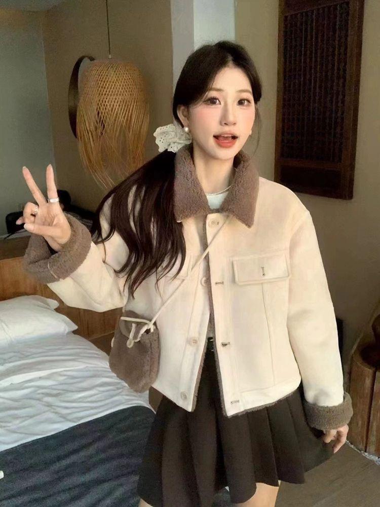 2024 Women's Petite Lambswool Short Jacket: Autumn/Winter Warm Turn-Down Collar Leather & Fur Slimming Top