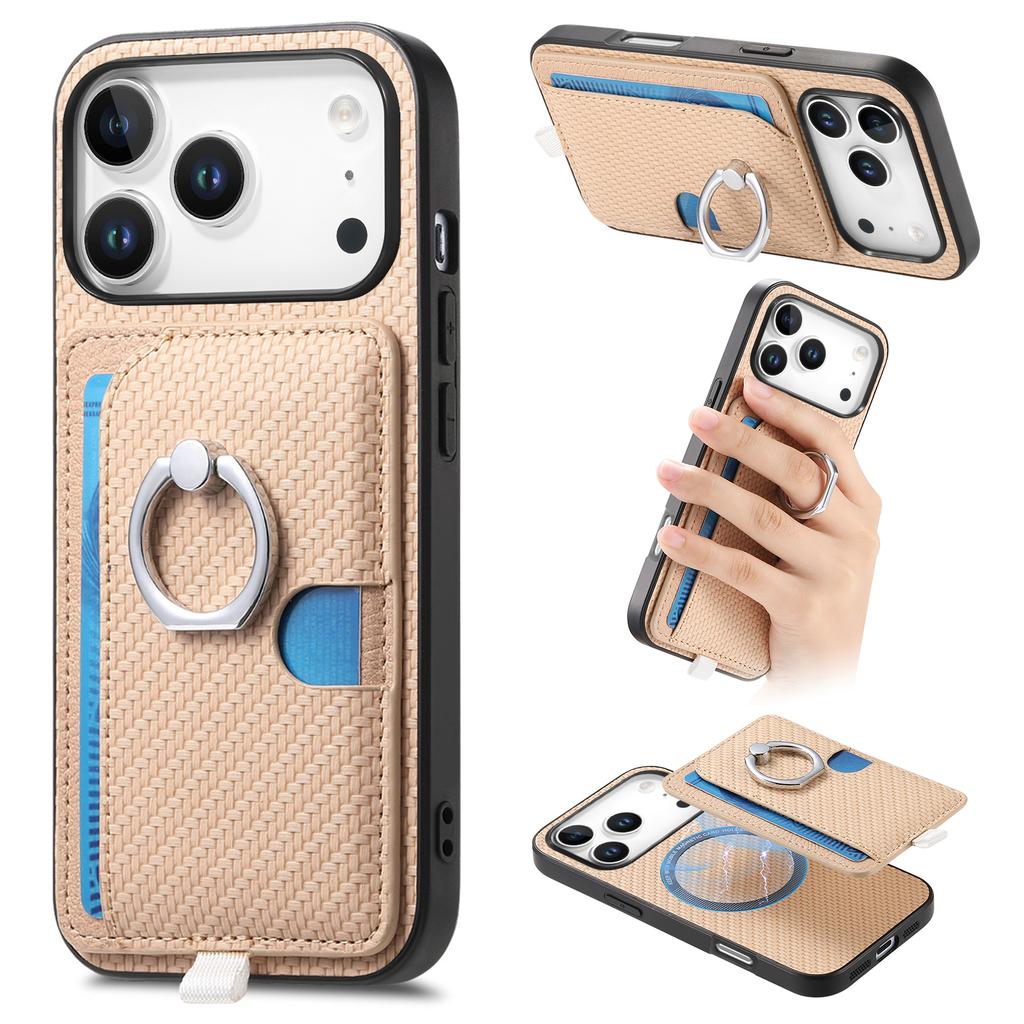For iPhone 17 Pro Case Ring Kickstand Leather Back Cover with Magnetic Detachable Card Holder