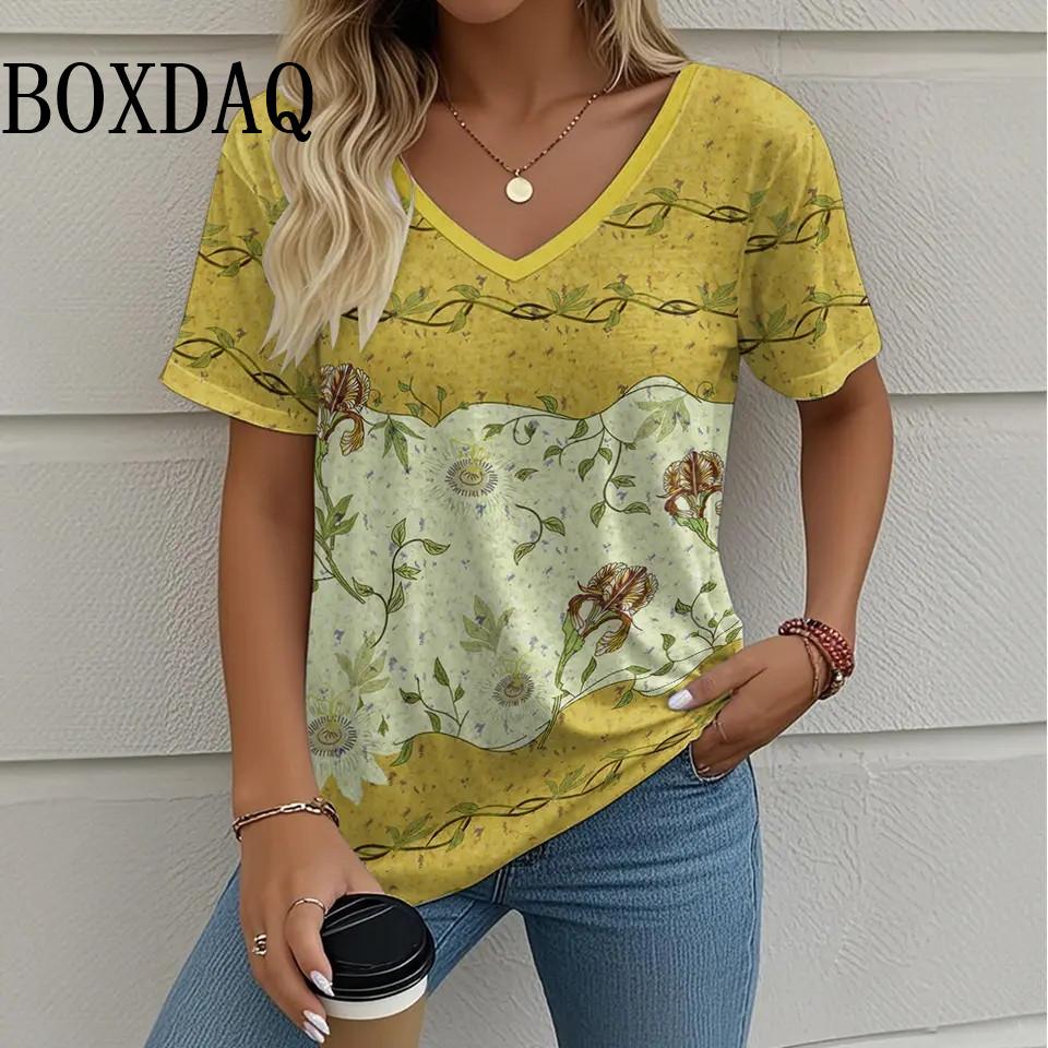 Summer Casual Loose Short Sleeve T Shirt Vintage V-Neck Flowers Printed Women's Tee Tops Plus Size Ladies T-Shirt Clothing