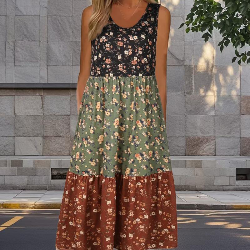 

Женское платье из двух частей с имитацией розы и цветочным принтом в стиле пэчворк без рукавов с круглым вырезом, свободное, мягкое и удобное, большого размера 8XL жёлтый