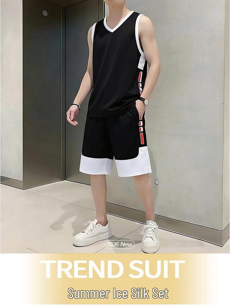 Men's 2026 Summer Sleeveless Ice Silk Basketball Training Vest and Shorts Set - Quick Dry and Loose Fit