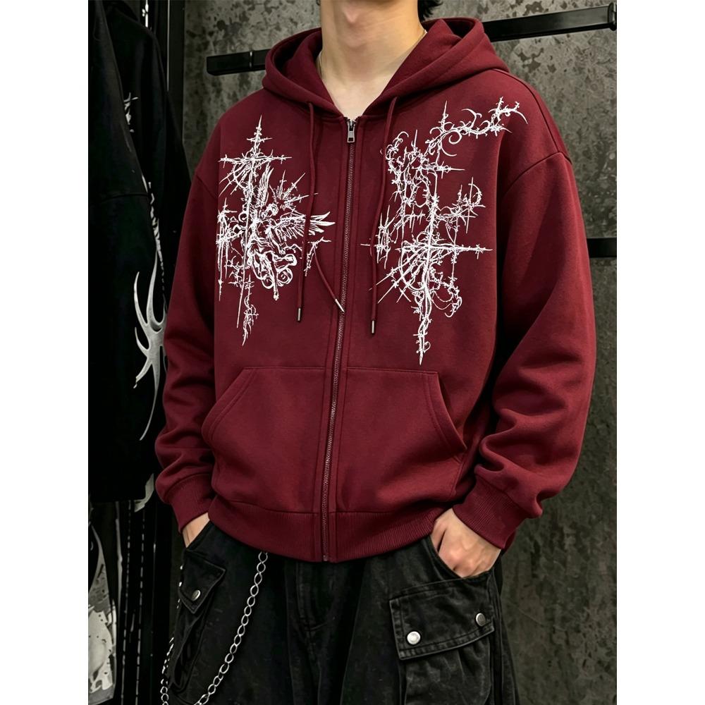 Fashionable Street Fashion Brand Dark Thorn Abstract Print Hoodie Loose and Versatile Couple Zipper Sweatshirt Jacket