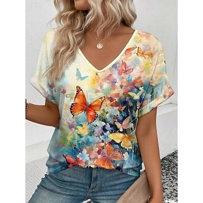 Damen T-Shirt Tee Lässig Elegant Kurzarm V-Ausschnitt Gelb Sommer