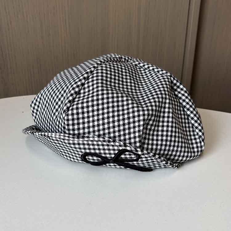 Handmade button bow beret women's plaid face small cloud hat retro versatile literary painter hat