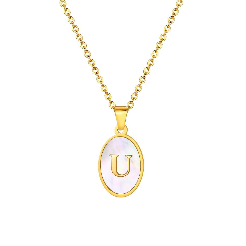 Vnox Women's Pretty Letters Necklace, Stainless Steel Oval White Shell Letter A-Z Pendant, Gold Color Jewelry Gifts