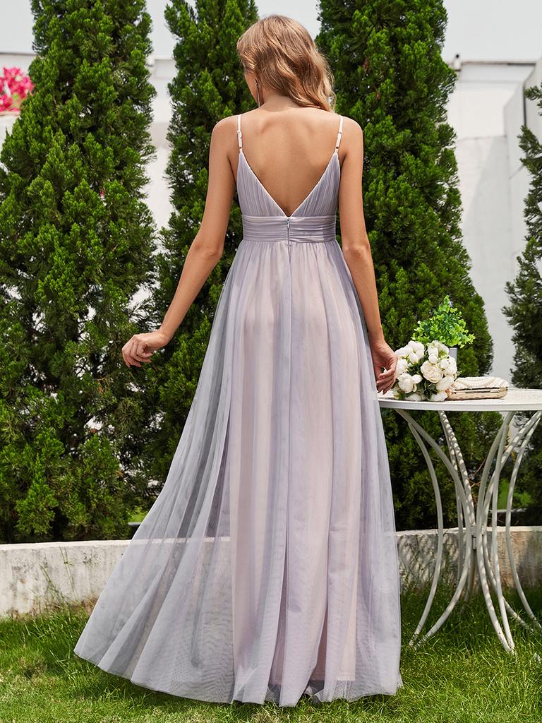 Ever-Pretty Women's Deep V-Neck See-Through Empire Waist Backless A-Line Pleated Tulle Bridesmaids Dress
