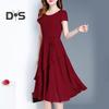 Lady Summer Dress A-line Patchwork Midi Dress O Neck Short Sleeves Lace-up Waist Solid Color Dress for Dating Parties Commuting