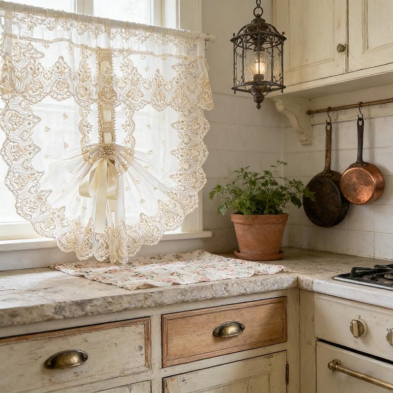 Europese Eenvoudige Bloemen Borduurwerk Kant Verstelbaar Romeins Gordijn Wit Transparant Klein Doorzichtig Gordijn Voor Woonkamer Slaapkamer W65 x H90cm 1Piece&Rod Pocket Process