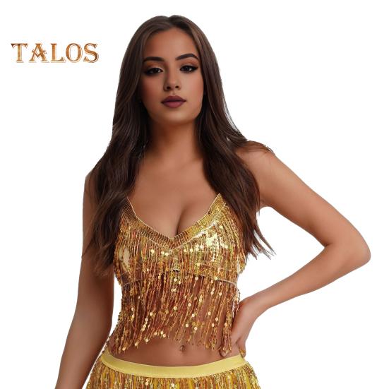 

Женский сексуальный сверкающий топ с блестками и бахромой на бретельках без рукавов, бюстгальтер для танца живота в ночном клубе, блестящий бронзовый жилет золотистый