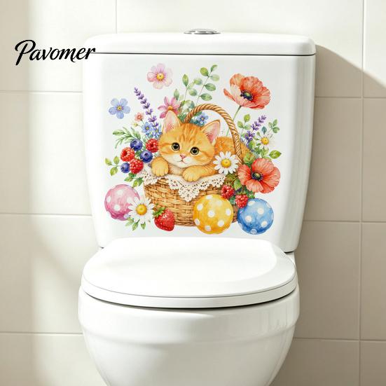 Decorative Stickers for Ceramic Tiles Cute Kitten Flower Basket Toilet Seat Sticker, Waterproof Lid Tank Wall Decals, Self-Adhesive PVC Bathroom