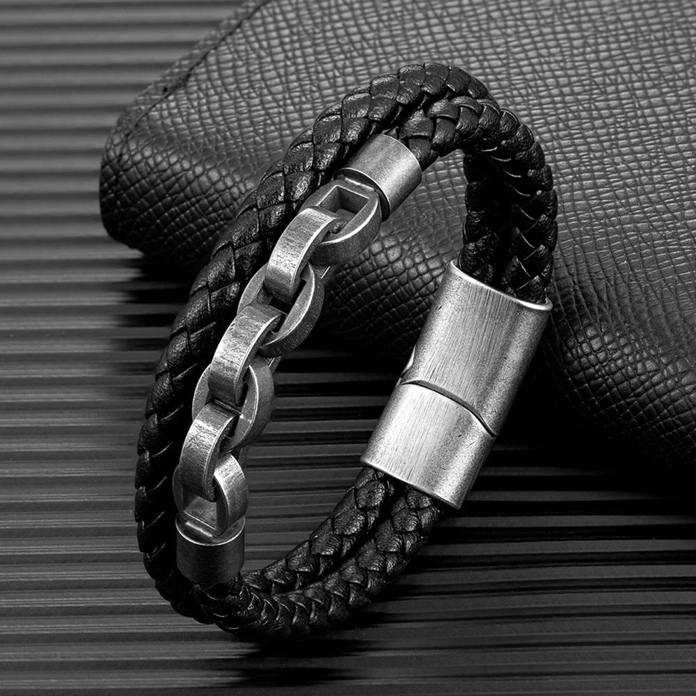 Retro Locomotive Men Punk Rock Bicycle Chain Double Strand Leather Bracelet Stainless Steel Magnet Buckle