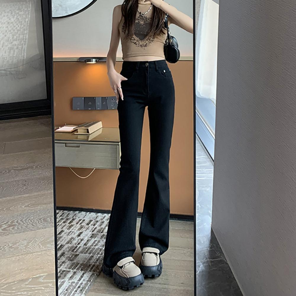 

Универсальные джинсы-клеш женские весенне-осенние модели, новая приталенная корейская версия, тонкие и драпирующиеся, микро-расклешенные брюки с высокой посадкой 2XL чёрный