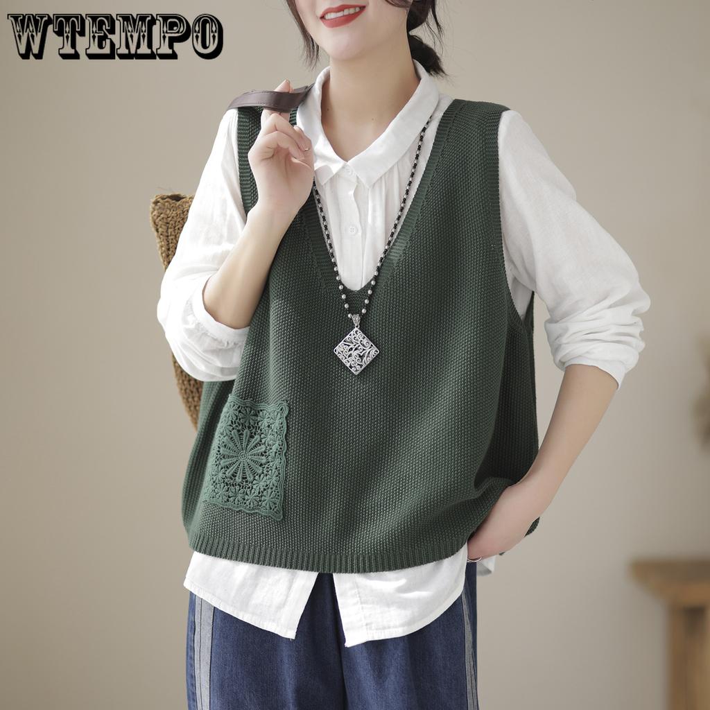 Spring and Autumn Women's Knitted Vest V-neck Solid Color Ethnic Style Lace Sweater Women