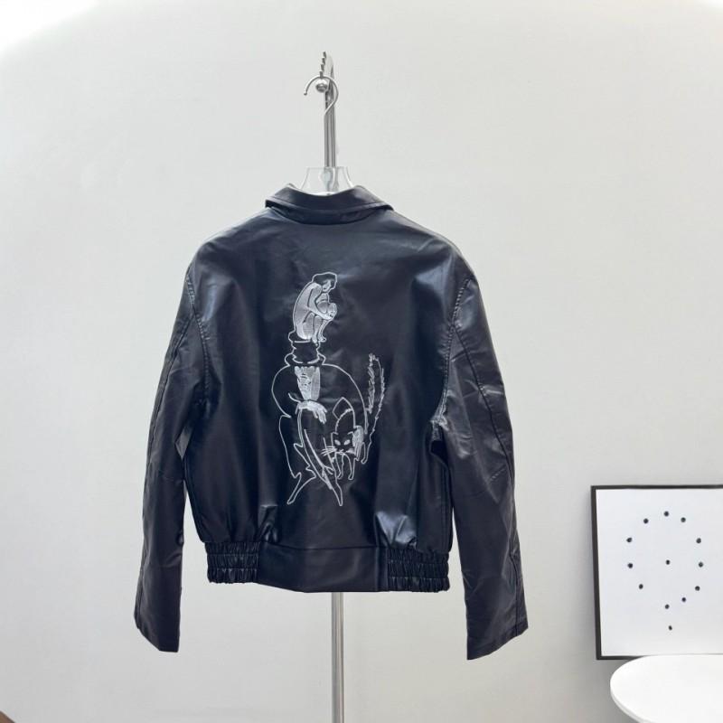 Mens Winter Cotton Embroidered Lamb Leather Jacket Loose Fit Casual Outerwear In Beige Black