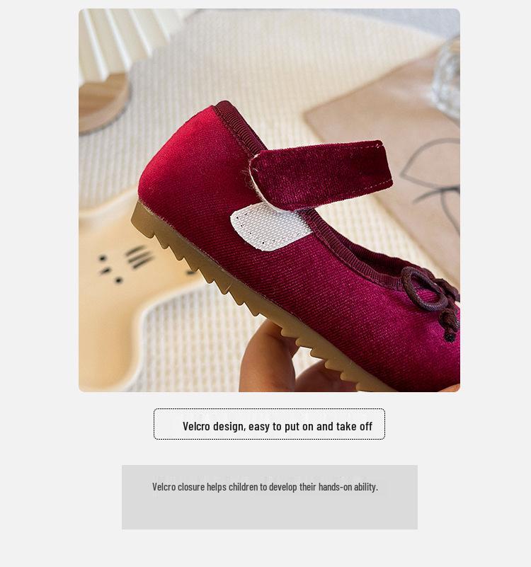 Autumn/Winter Girls' Bow Cotton Baby Flats, Versatile Velvet Low-Cut Princess Shoes