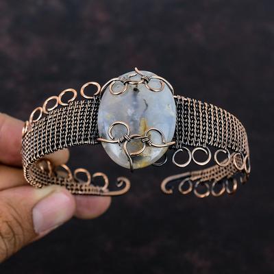 Plume Agate Cuff Bracelet Copper Wire Wrapped Bangle Handmade Adjustable Cuff Bracelet Gemstone Jewelry For Gift Copper Wire Wrapped Jewelry
