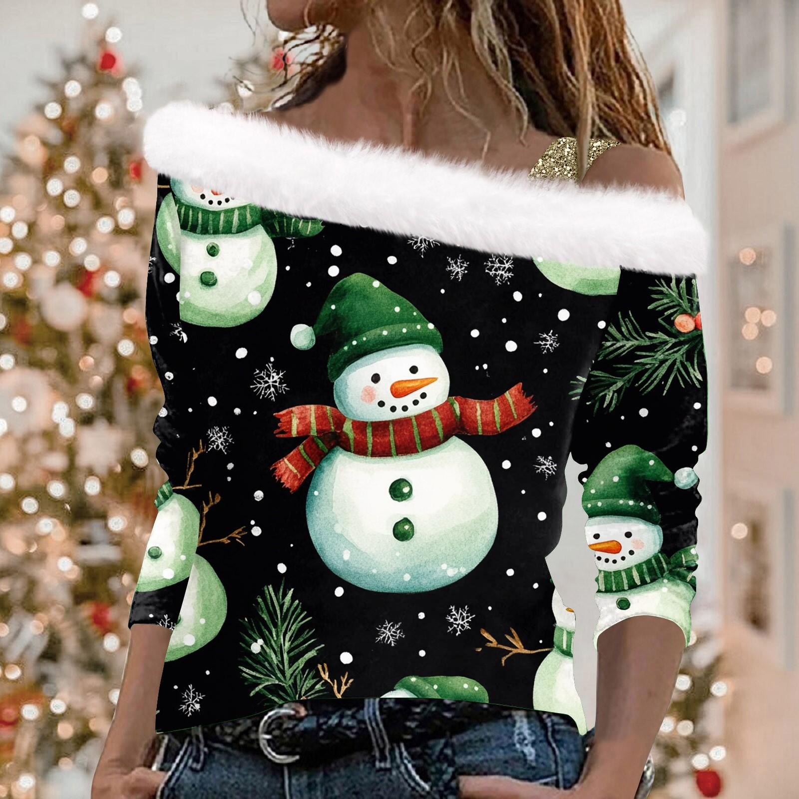Женский повседневный модный топ с длинными рукавами и открытыми плечами с рождественским — фото 10