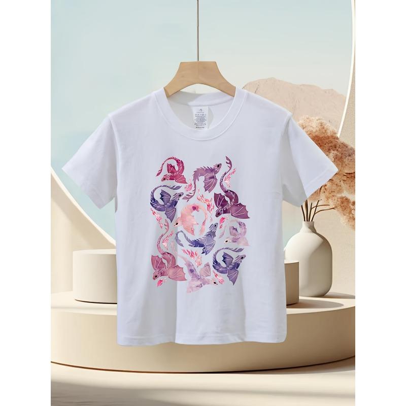 Boys Loose Fit Crewneck Tee, Vibrant Pink Purple Fire Dragon Print 110 белый