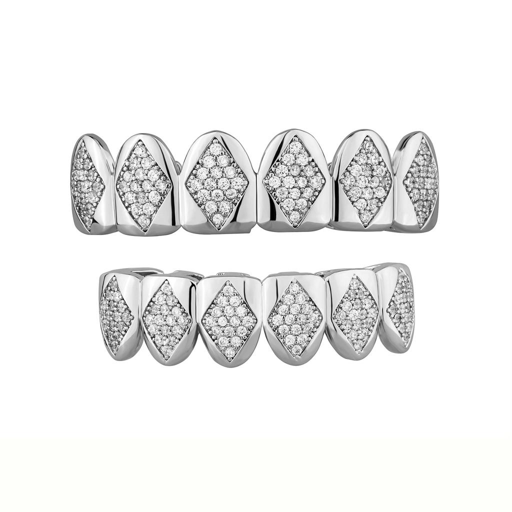 New Iced Out Hip Hop Rhombus Shape Teeth Grillz Set Unisex Top Bottom Mouth Grillz Teeth Set Bling Shiny CZ Halloween Jewelry