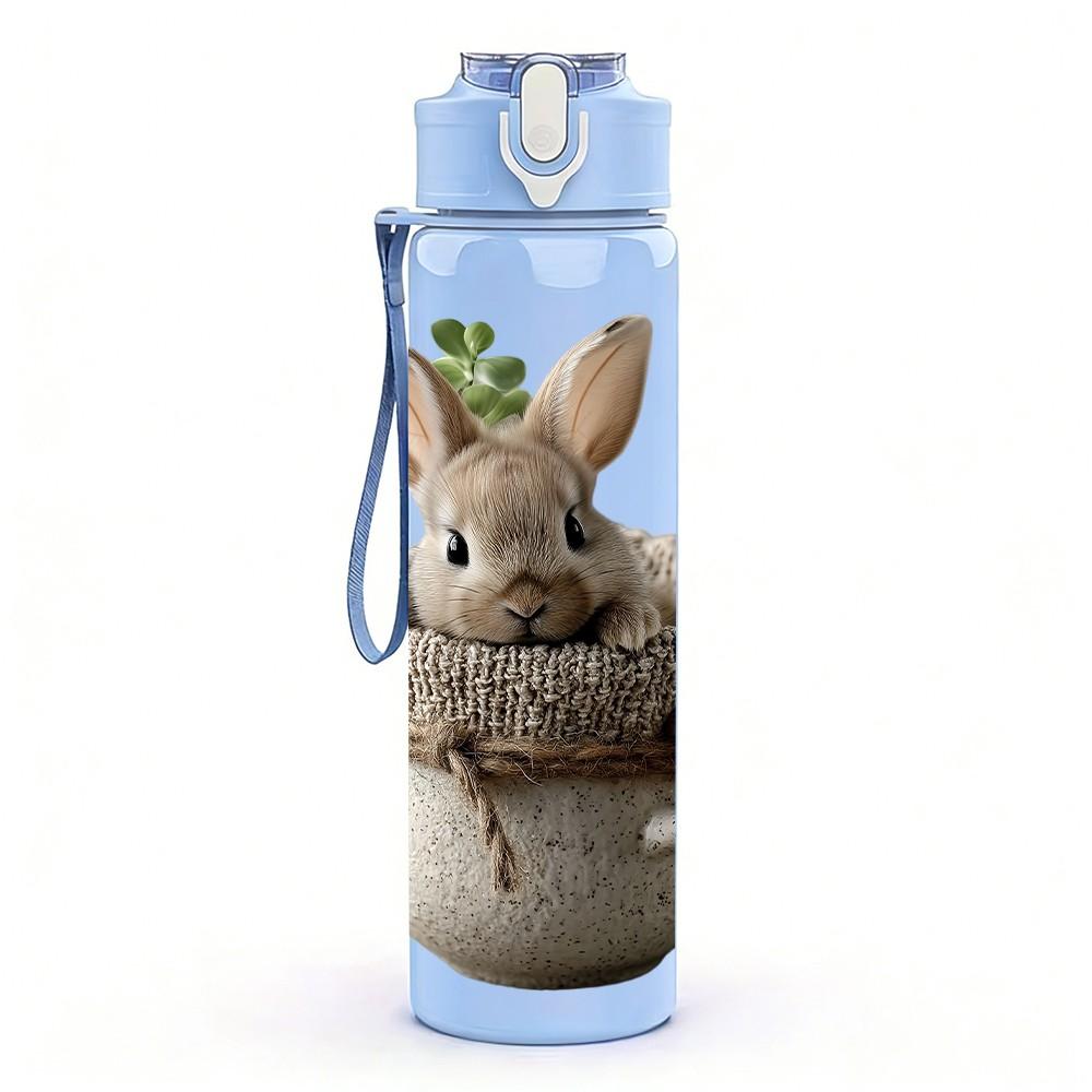 1PC Bunny In Pot Plant Cute Animal Print 750ml Color Plastic Sports Water Bottle Leakproof Flip Straw Lid Suitable for Sports Office Home Use