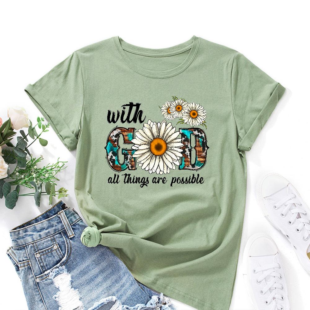 Cotton T-Shirt Short Sleeve Round Neck Women 2d Print Tops