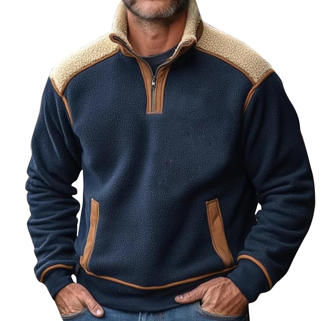 Men's Colorblock Lambskin Half Zip Stand Collar Sweatshirt Men's Sports Large Size Casual Stand Collar Sweatshirt
