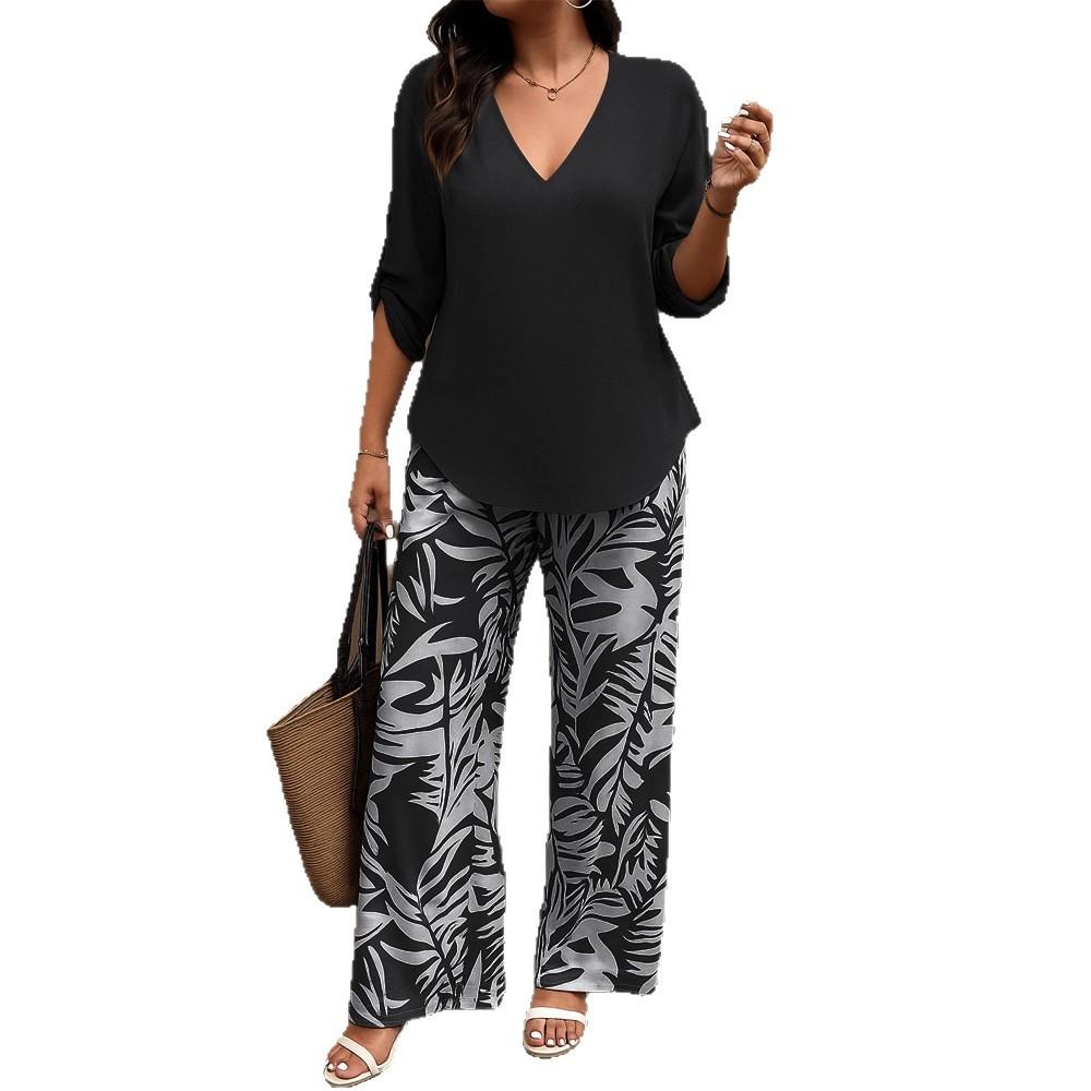 Women's V-Neck Mid Sleeve Top and Printed Wide Leg Pants Set