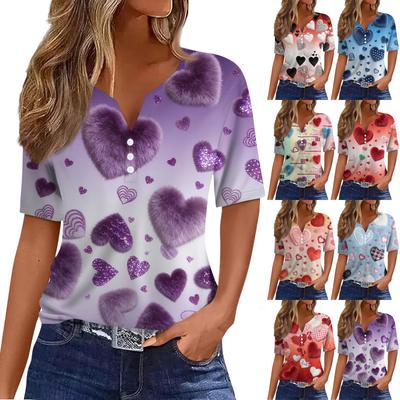 Moda Feminina Casual V, Decote Curta, Manga Curta T, Camiseta Com Botões Decorativos E Estampa Dia dos Namorados Top