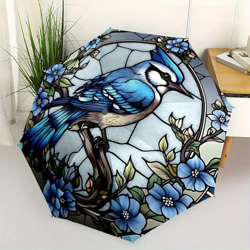 1pc Stained Glass Bird Compact Travel Umbrella, Automatic Folding Lightweight Windproof 8-Bone Reinforced Design,012119